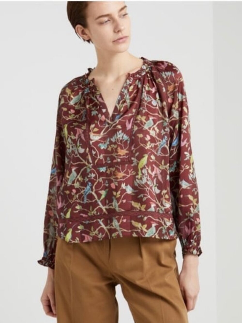 NWT J CREW x POINT SUR Boho Peasant Blouse Sheer Bird Menagerie Print S